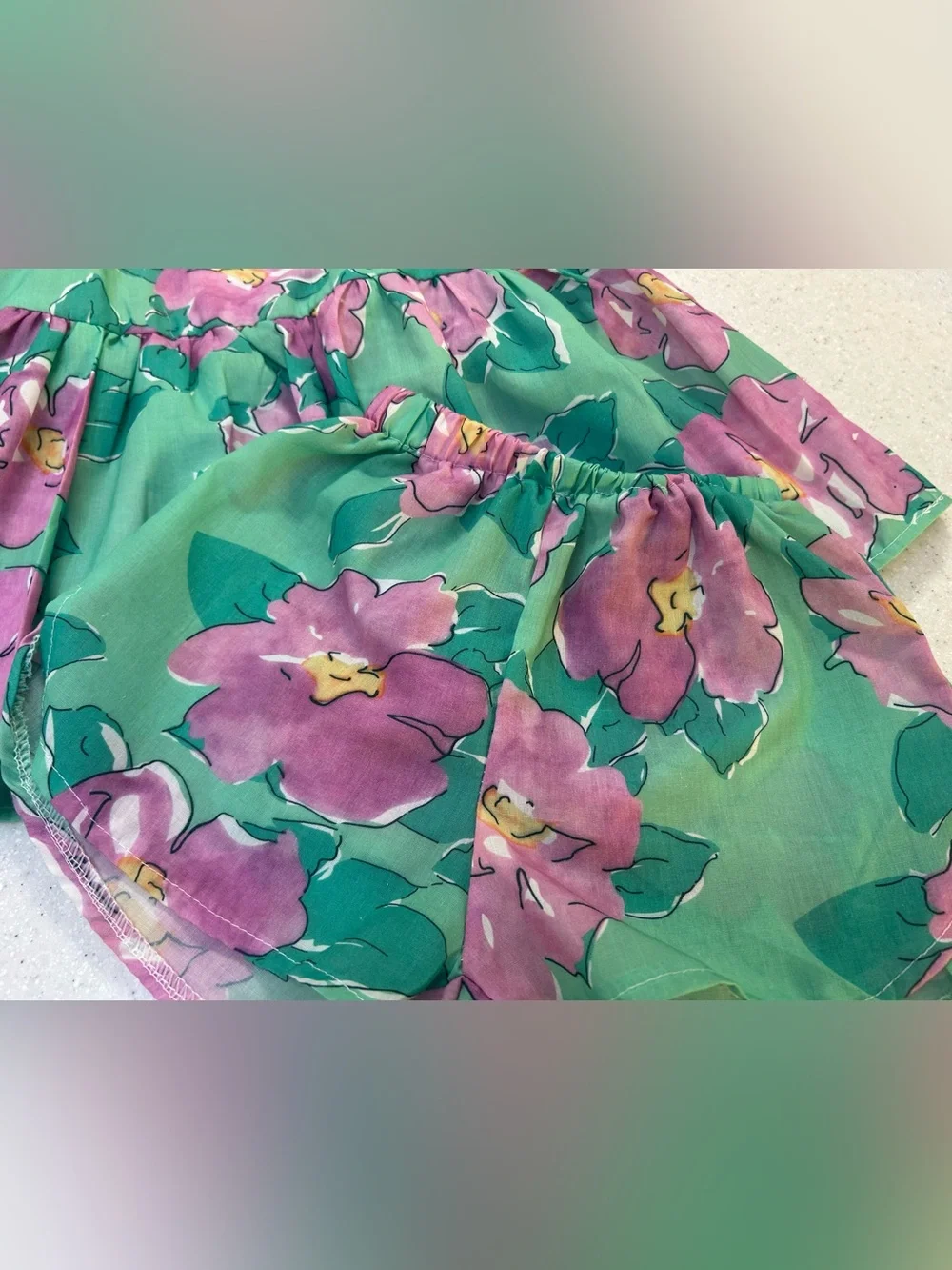 Toddler Girls Green and Purple Floral Matching Shirt and Shorts set